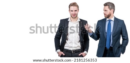 Man face portrait, banner with copy space. ambitious boss and employee men are executive business workers and businessmen, colleagues.