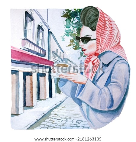 Beautiful watercolor Parisian woman and cityscape illustration isolated on white. Young fashionable woman wearing beret design. Travel concept print. France cityscape painting.
