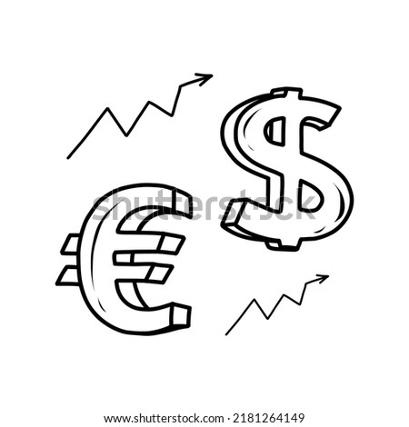 Euro and dollar doodle icon, isolated on a white background. Vector hand-drawn illustration of money signs