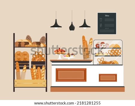 Counter in a bakery store with confectionery items and bread stand. French baguette, ciabatta, croissant, bagel, pretzel. Flat vector illustration isolated on white background, shop interior Royalty-Free Stock Photo #2181281255