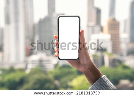 hand holding phone mobile white blank screen