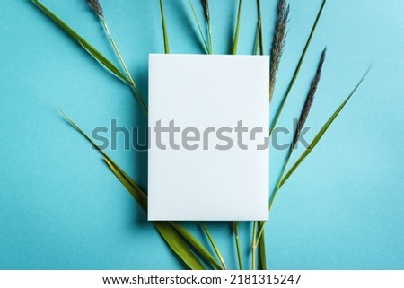 Greeting or invitation card and green reed plant on blue background. Stylish mock up, summer concept, top view, copy space. Royalty-Free Stock Photo #2181315247