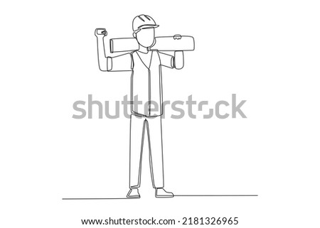 Continuous one line drawing a drill, hard hat and wrench are engineering tools. Engineering day concept. Single line draw design vector graphic illustration.