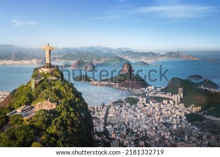 Aerial view of Rio with Corcovado Mountain, Sugarloaf Mountain and Guanabara Bay - Rio de Janeiro, Brazil Royalty-Free Stock Photo #2181332719