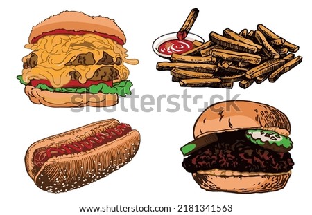 Vector set of food elements isolated on white. Graphical french fries,burgers and hot dog