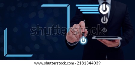 Businessman Holding A Pen And Tablet With Multiple Power Button Symbols On Top And Displaying Crucial Messages. Man Having A Pen And Pad On Hand Presenting Ideas.