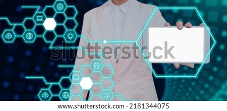Businesswoman Showing Smartphone In Futuristic Hexagon Shape Connecting To Multiple S. Elegant Woman Holding Cellphone With Copy Space For Business Advertisement.