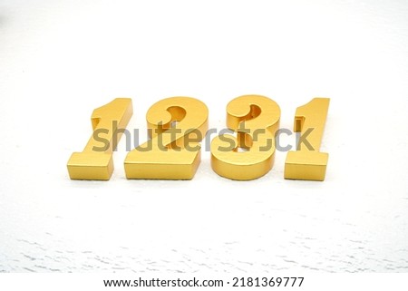     Number 1231 is made of gold painted teak, 1 cm thick, laid on a white painted aerated brick floor, visualized in 3D.                              