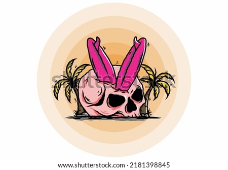 Colorful illustration design of a surfing board stuck in human skull between coconut trees