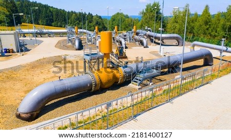 Gas pipeline Gazelle. One part of Nord Stream pipeline from Russia to European Union. High pressure pipes on a hot summer day. Royalty-Free Stock Photo #2181400127