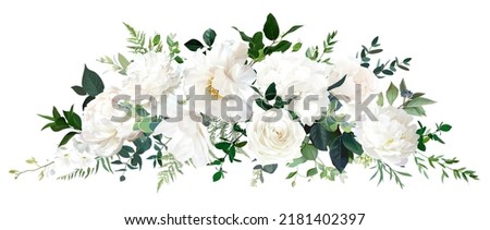 Classic white peony, hydrangea, magnolia and rose flowers, eucalyptus, fern, salal, greenery, big vector design wedding spring bouquet. Floral summer watercolor. Elements are isolated and editable