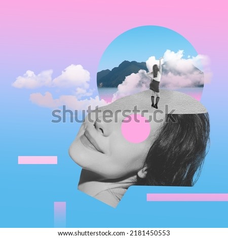 Contemporary art collage. Colorful design with female face elements and dream of young girl about travelling. . Concept of creativity, surrealism, retro style, imagination, vacation. Poster, ad