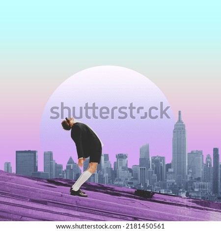 Contemporary artwork. Colorful design with stylish young man posing isolated over urban background. Surreal artwork. Concept of creativity, surrealism, retro style, imagination, vacation. Poster, ad