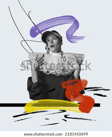 Contemporary art collage. Artistic young woman in costume of royal person and modern sport cap showing emotion of despair. Concept of retro style, creativity, surrealism, imagination. Magazine style Royalty-Free Stock Photo #2181450699
