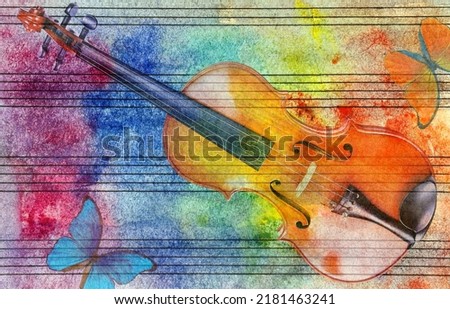 Vintage violin background. Melody concept. Old music sheet in colorful watercolor paint, morpho butterfies and violin. Abstract colorful watercolor background. Colors of rainbow