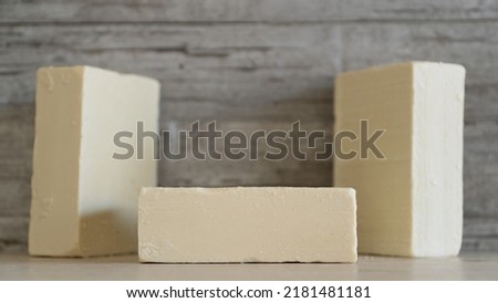 Natural Olive oil soap. Organic handmade soap bars with olive branch concept. Skin care products. Selective focus. Royalty-Free Stock Photo #2181481181