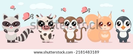 Set of cartoon animals monkey, cow, squirrel, raccoon, penguin in Japanese kawaii style