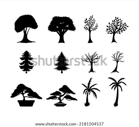 Abstract trees. Vector - spring trees and leaves silhouette. Tree plants forest silhouettes icon vector illustration design. Palm coconut, pines and Bonsai tree mini potted