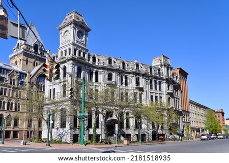 Gridley Building was built in 1867 at 101 S Salina Street at Clinton Square in downtown Syracuse, New York State NY, USA.