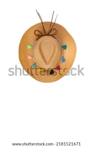 Closeup studio top view isolated shot of beautiful fashionable Asian modern classic style lady woman wicker woven weaving rattan handmade handicraft hat with dry flowers hatband on white background. Royalty-Free Stock Photo #2181521671