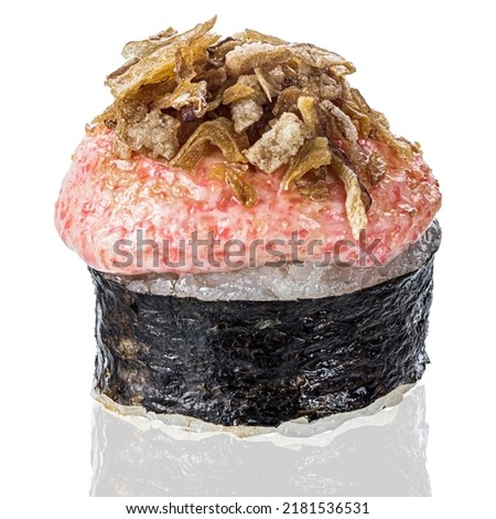 Roll Sushi isolated on white background. Close up view with reflection.