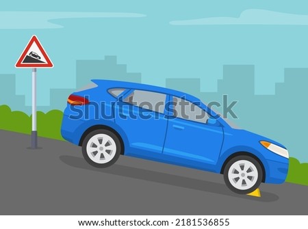 Safe driving rules and tips. "Steep descent" warning sign and wheel block placement on downhill grade. Flat vector illustration template. Royalty-Free Stock Photo #2181536855