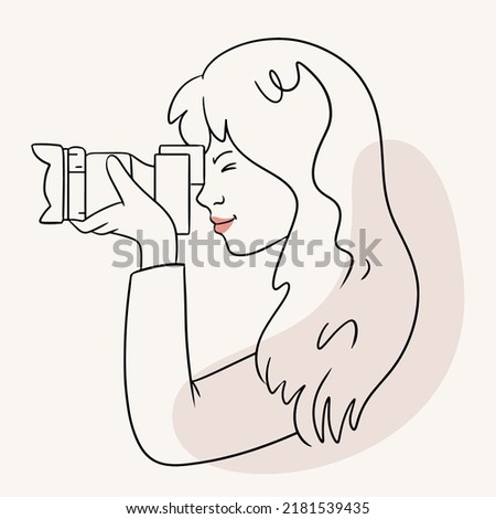 Hand drawn woman taking photos in line art style. Sketch outline isolated minimalistic illustration.