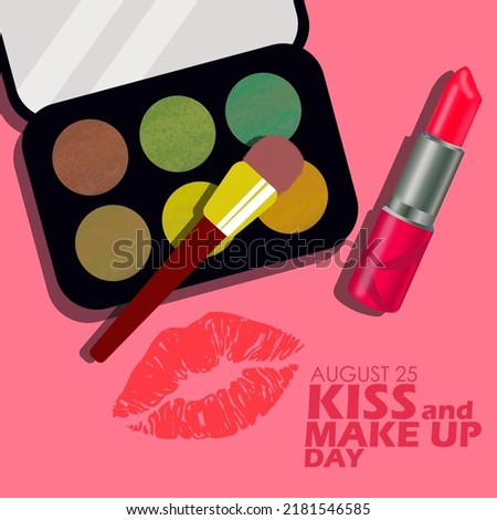 Make-up kits like colored powder and brush with lipstick and lips on pink background with bold text, Kiss and Make Up Day August 25