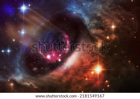 Background of fantasy alien galaxy with orange and blue glowing clouds and stars. Black hole core between different parts of space. Portal to other dimension. Elements of this image furnished by NASA. Royalty-Free Stock Photo #2181549167
