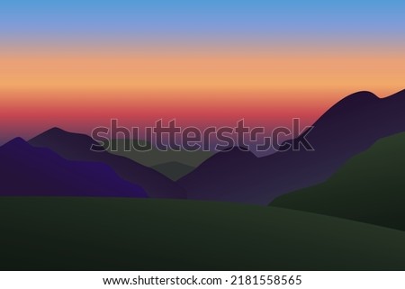 Sunset in the mountains, evening twilight, fog Vector flat illustration.