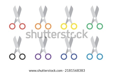 Set of multicolor scissors flat icon for web. Simple red scissors sign vector design. Cute scissors web icon isolated. Minimalist scissors clipart logo. School, kitchen, office, handmade craft concept