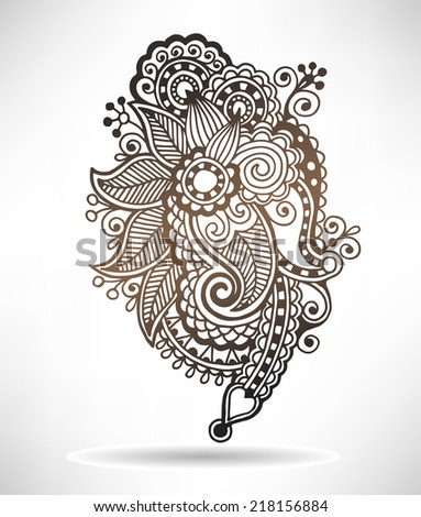 line art ornate flower design, ukrainian ethnic style, paisley hand drawing, vector illustration