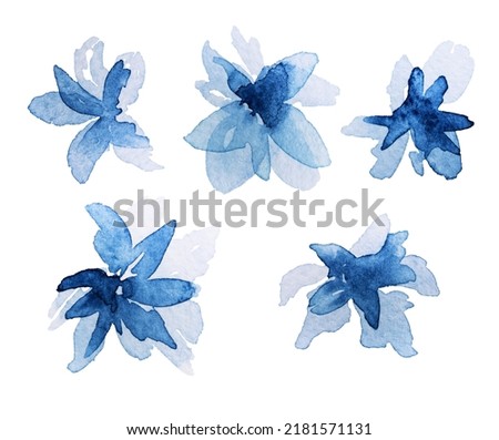 Set of blue abstract watercolor flowers. Hand drawn illustration Royalty-Free Stock Photo #2181571131