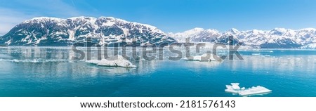 A view past icebergs towards the Valerie Glacier in Disenchartment Bay in Alaska in summertime