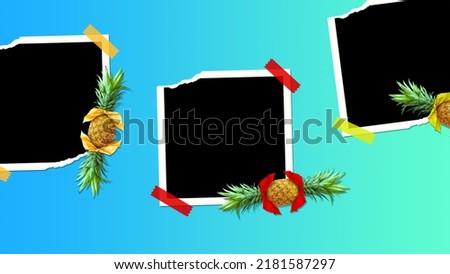 Bonbon candy frames made of pineapple fruit with colorful bows on gradient background. Original summer design. Minimal fruit concept. Creative advertisement idea. Fruit candy. Photo frame, mock up.