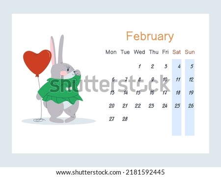 A hare stands with a heart balloon. Rabbit on valentine's day. February 2023 calendar. Week starts on Monday, Saturday and Sunday are greyed out. Flat vector illustration