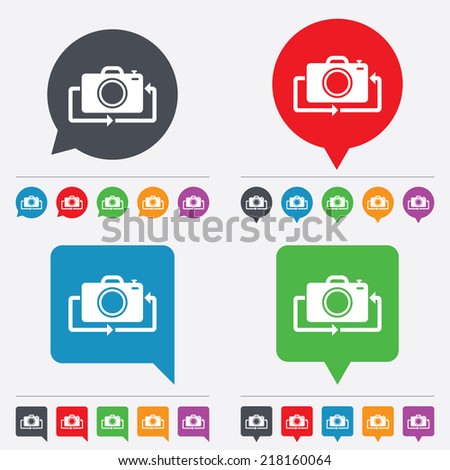 Front photo camera sign icon. Digital photo camera symbol. Change front to back. Speech bubbles information icons. 24 colored buttons. Vector