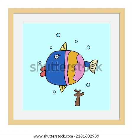 Illustration of a cute fish. An illustration made by children with their imagination. Suitable for decorating children's rooms, wall posters, printing t-shirts, etc