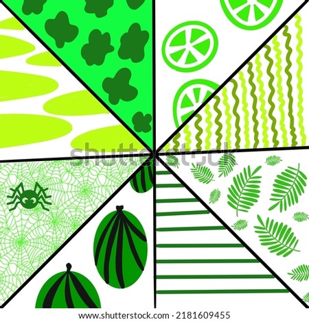 Botanical art for design.Clip-art of flora.Illustration of segments of green and yellow items.Watermelons lime fern
