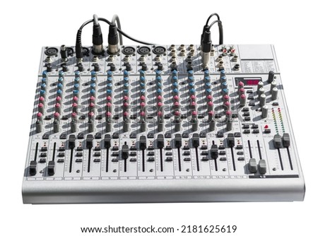 Music mixing console for recording studio set. Isolated on the white background  Royalty-Free Stock Photo #2181625619