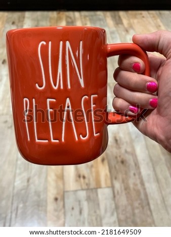 The top down, close up view of a woman holding a coffee mug that reads "Sun Please".
