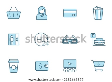 shopping mall line filled icons in two colors isolated on white background. shopping mall blue icon set for web design, ui, mobile apps, print polygraphy and promo business