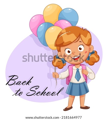 Cute schoolgirl with balloons. Cute girl cartoon character. September 1. Back to school concept. Stock raster illustration