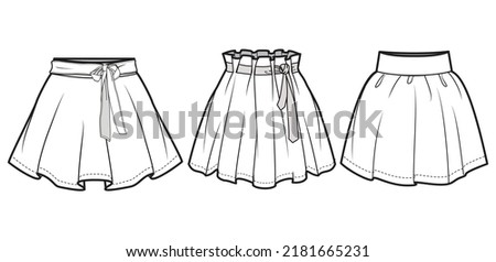 Skater Short Skirt, School Skirt, Paper Bag Waist Skater Skirt Fashion Illustration, Vector, CAD, Technical Drawing, Flat Drawing. Royalty-Free Stock Photo #2181665231