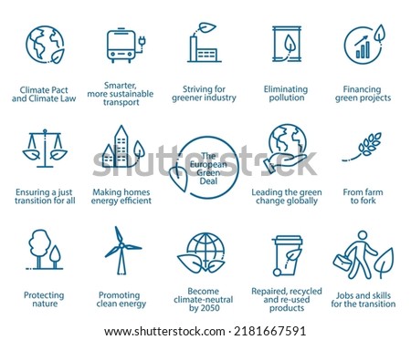The European Green Deal. Set of isolated icons, vector illustration EPS 10  Royalty-Free Stock Photo #2181667591