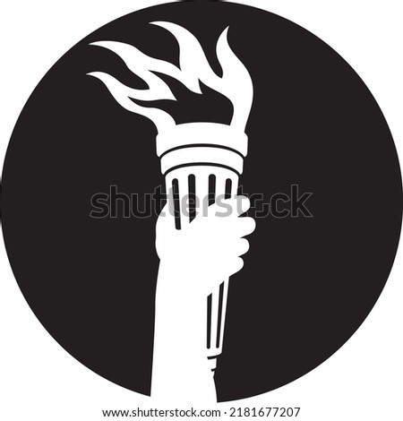 Badge or icon of arm holding burning torch. Vector illustration of a person’s arm holding a flaming torch high to symbolize enlightenment, freedom and knowledge.