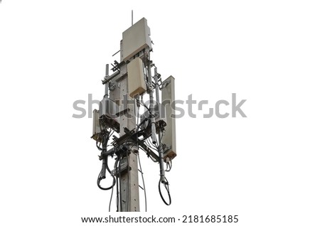 Telecommunication tower of 4G and 5G cellular. Base Station or Base Transceiver Station. Wireless Communication Antenna Transmitter. Telecommunication tower with antennas isolated on white background. Royalty-Free Stock Photo #2181685185