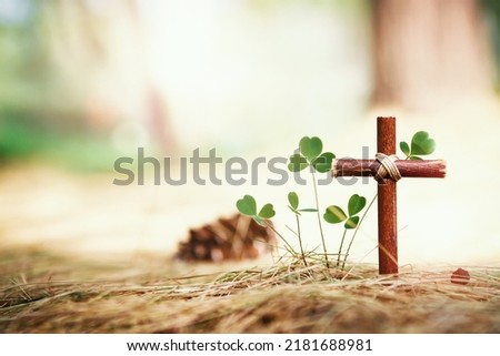 A cross symbolizing the death and resurrection of Jesus Christ, a heart-shaped leaf of grass and a beautiful bright background
