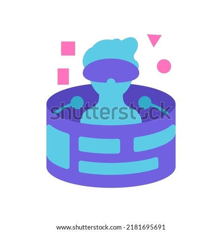 man inside digital virtual reality hologram element icon flat vector illustration. person wearing vr goggles operating ar graphic design