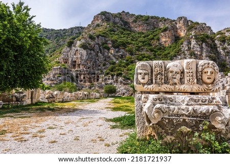 Ruins of the ancient city of Myra in Demre, Turkey. Ancient tombs and amphitheater. Royalty-Free Stock Photo #2181721937